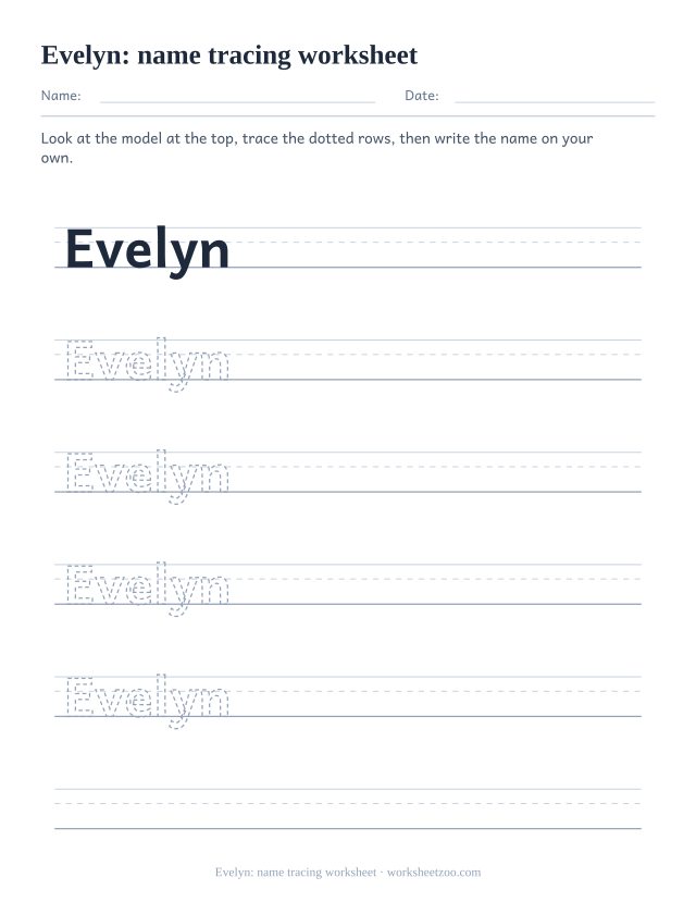 Name tracing worksheet for Evelyn with a y descender and dotted practice rows