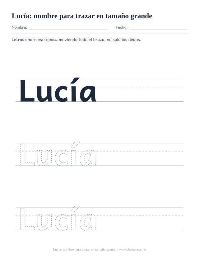 Ficha para trazar el nombre Lucía en tres renglones gigantes para los más pequeños