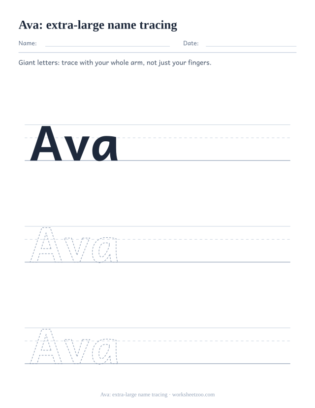 Extra-large name tracing worksheet with Ava in three giant rows for toddlers