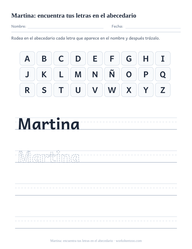 Ficha del nombre Martina con abecedario para rodear sus letras y renglones para trazarlo