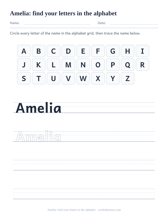 Name worksheet for Amelia with an alphabet grid to circle the letters of the name and rows to trace it