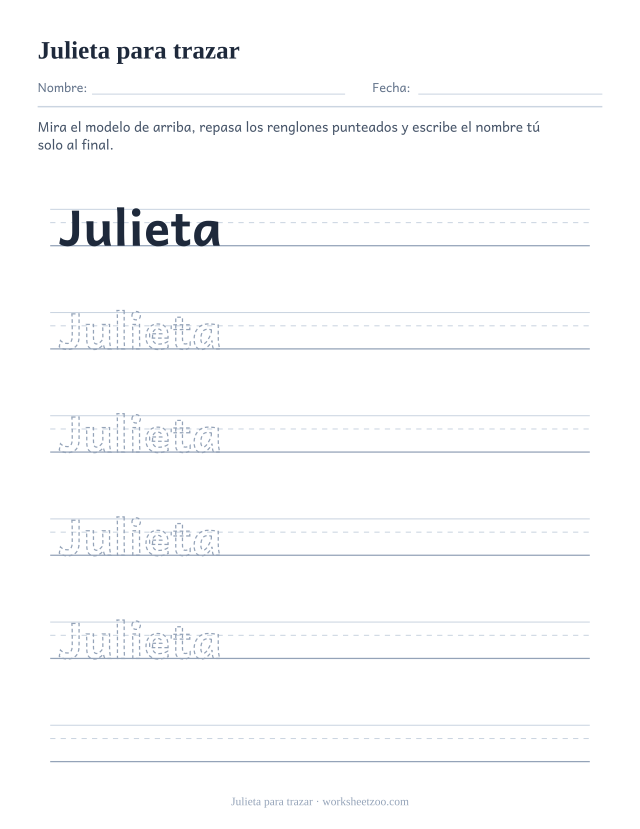 Ficha para trazar el nombre Julieta, con J mayúscula y letras punteadas