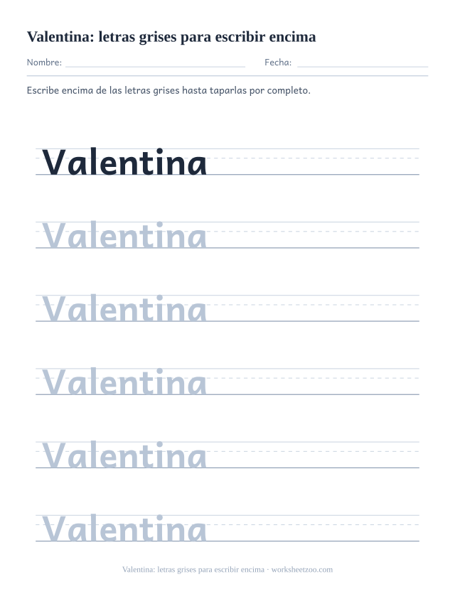 Ficha del nombre Valentina con letras grises en trazo lleno para escribir encima