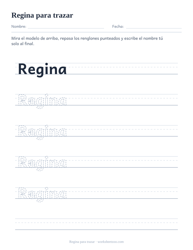Ficha para trazar el nombre Regina sobre pauta de tres líneas
