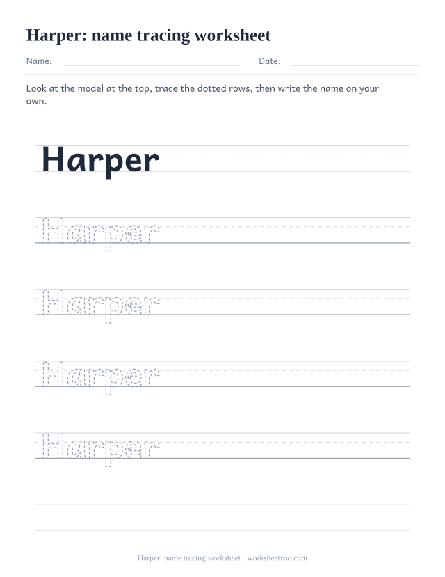 Name tracing worksheet for Harper using the full height of the handwriting guide