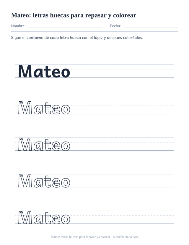 Ficha del nombre Mateo en letras huecas para repasar el contorno y colorear