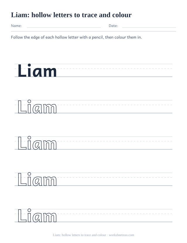 Hollow letter name tracing worksheet for Liam with outline letters to trace and colour in
