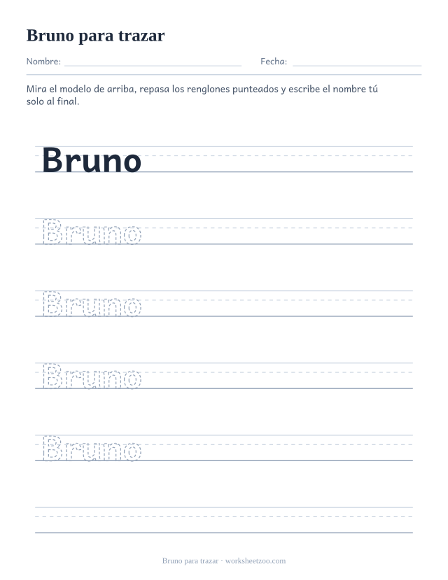 Ficha para trazar el nombre Bruno con letras punteadas grandes