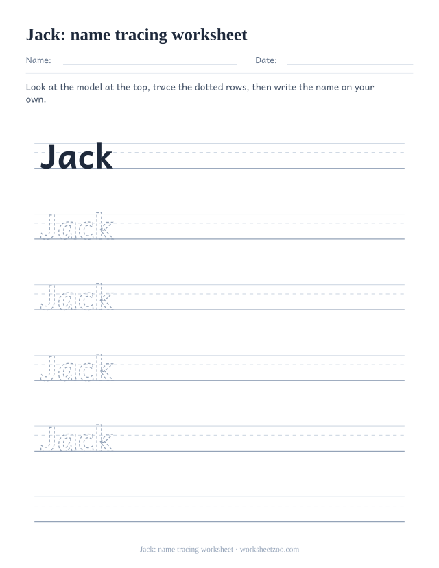 Name tracing worksheet for Jack with four dotted letters and a capital J