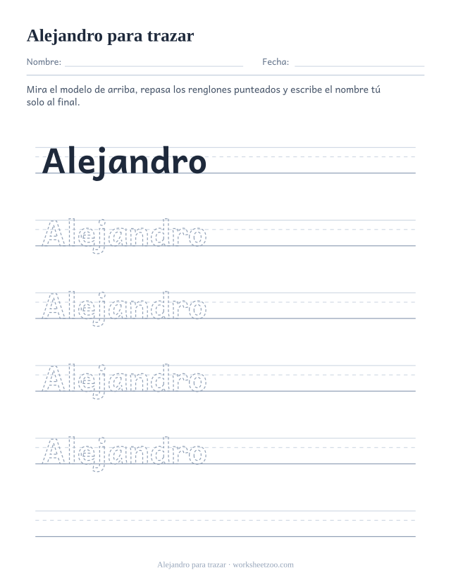 Ficha para trazar el nombre Alejandro sobre pauta de tres líneas