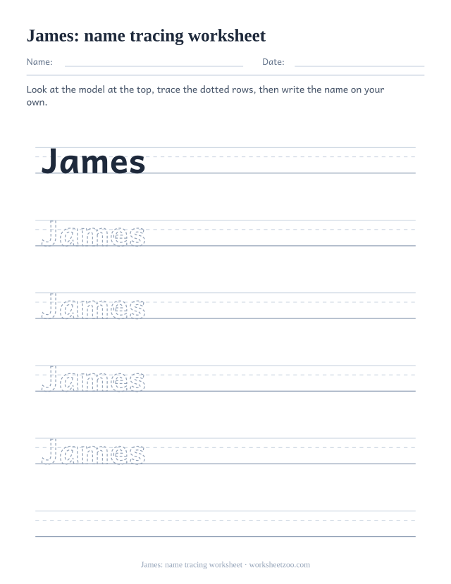 Name tracing worksheet for James with dotted letters on three-line handwriting guides