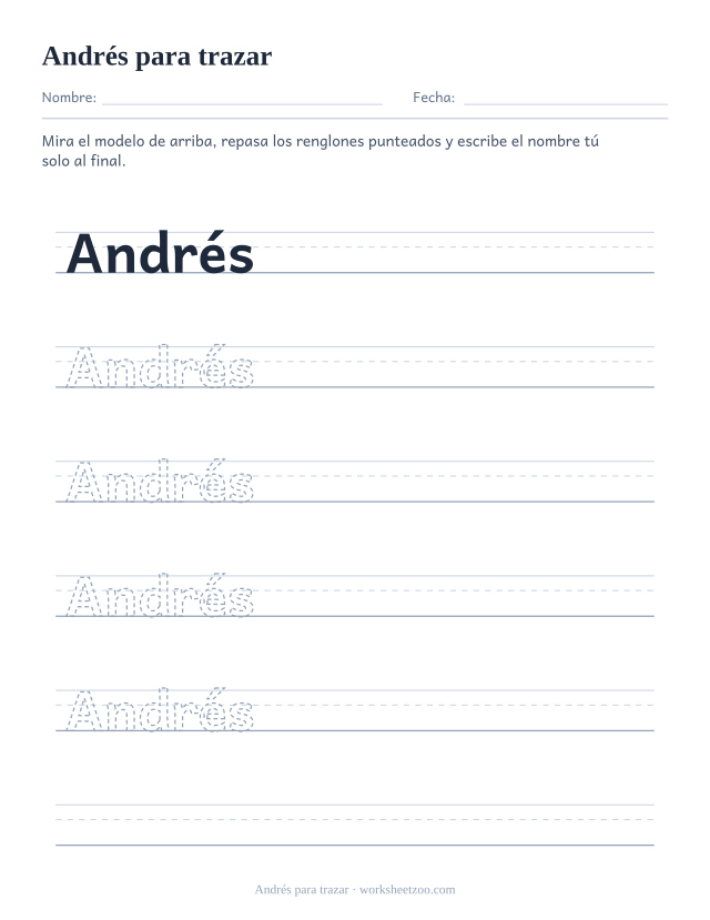 Ficha para trazar el nombre Andrés, con tilde en la e