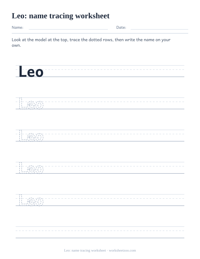 Name tracing worksheet for Leo, a three letter name in large dotted print