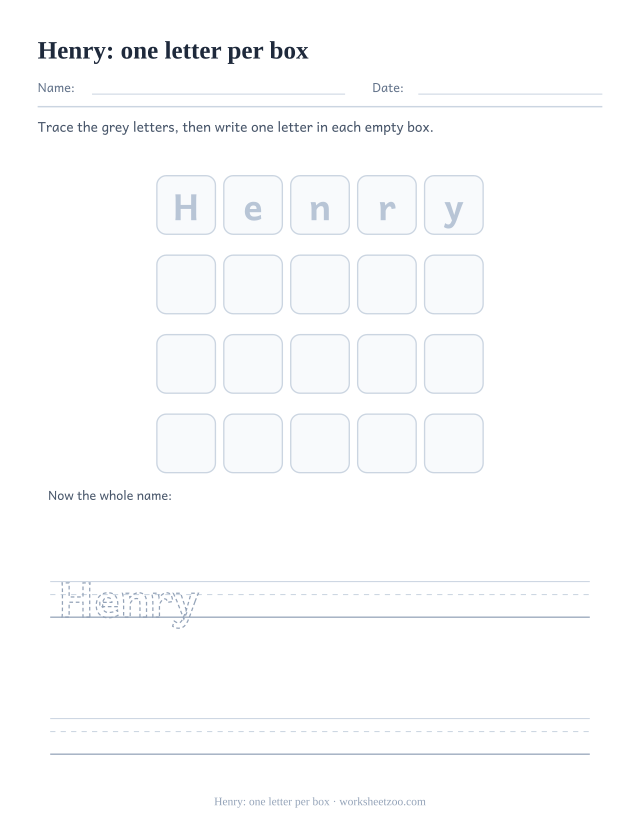 Name tracing worksheet for Henry with one letter per box and empty boxes to fill in