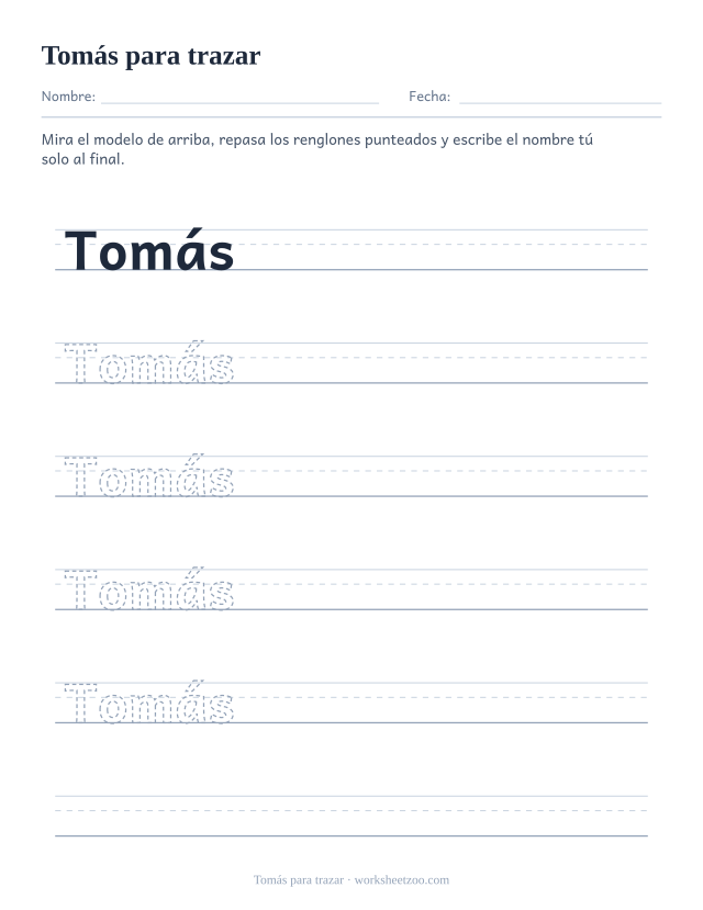 Ficha para trazar el nombre Tomás, corto y con tilde final