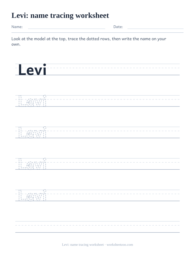 Name tracing worksheet for Levi, a short four letter name in dotted print