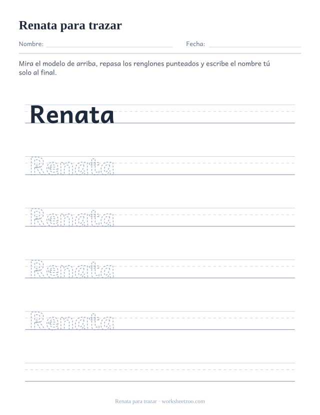 Ficha para trazar el nombre Renata con letras punteadas y renglones de práctica