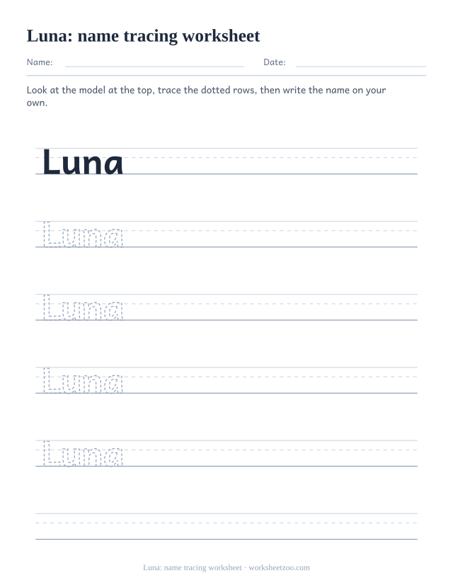 Name tracing worksheet for Luna with four round dotted letters