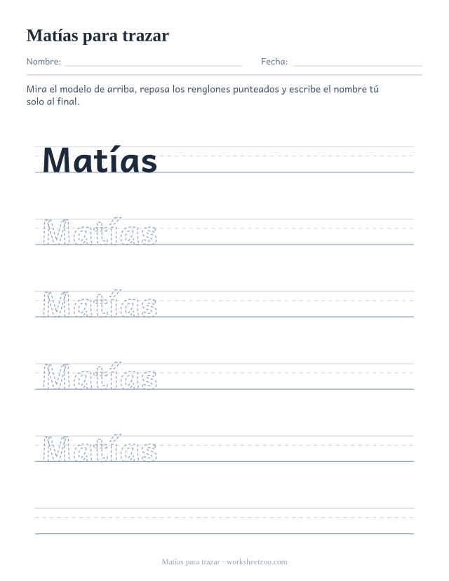 Ficha para trazar el nombre Matías con un modelo continuo y cuatro renglones punteados