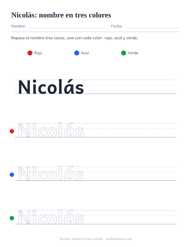 Ficha del nombre Nicolás para repasar tres veces, una con cada color
