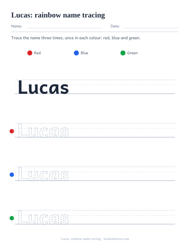 Rainbow name tracing worksheet for Lucas with three coloured passes over the same name