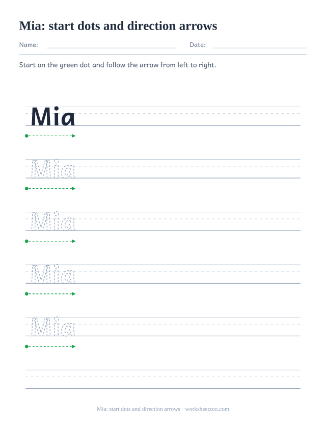 Name tracing worksheet for Mia with green start dots and left to right direction arrows