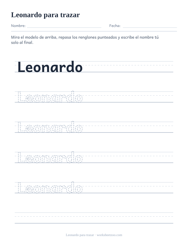 Ficha para trazar el nombre Leonardo con ocho letras punteadas