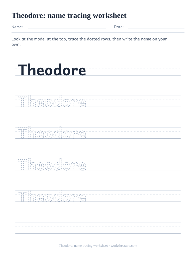 Name tracing worksheet for Theodore with eight dotted letters to trace