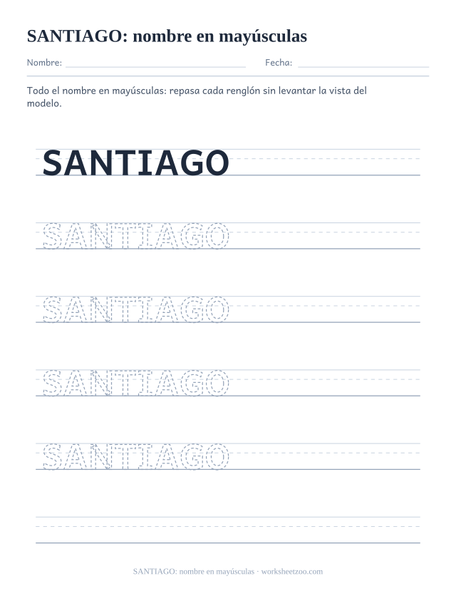 Ficha para trazar el nombre SANTIAGO escrito todo en letras mayúsculas