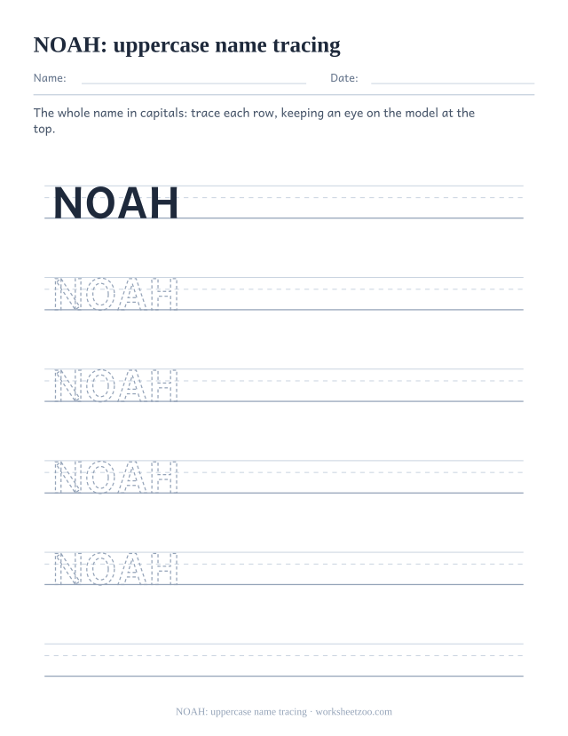 Uppercase name tracing worksheet with NOAH written in capital letters to trace