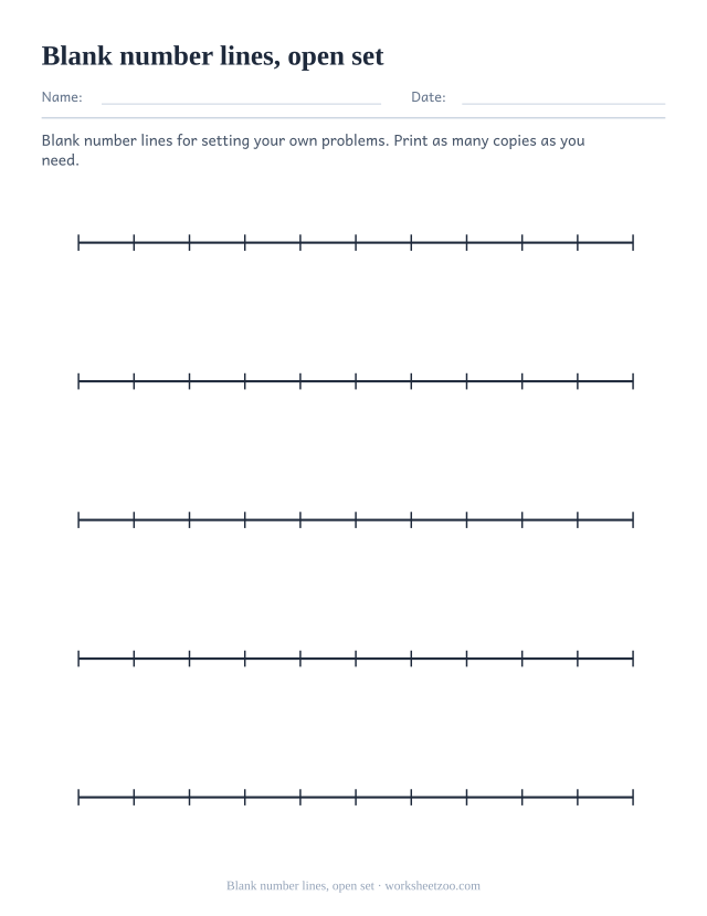 Printable page of five unlabelled number lines with ticks