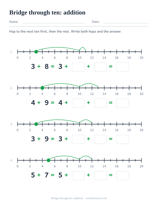 Number line worksheet splitting an addition at the next ten, within 20
