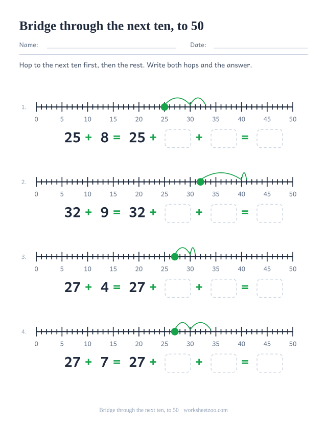 Number line worksheet bridging additions through any ten up to 50