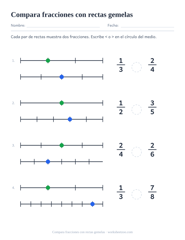 Ficha de recta numérica para comparar dos fracciones mostradas como puntos en rectas apiladas