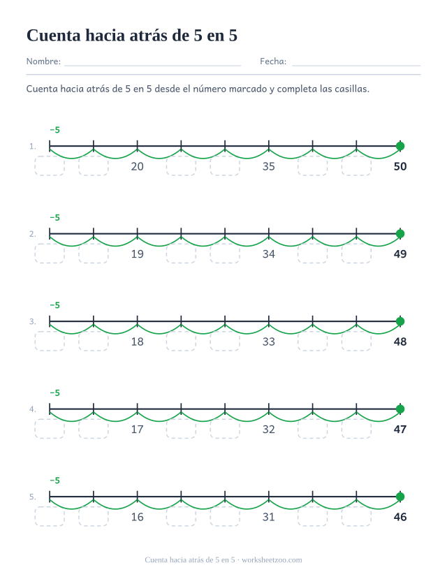 Ficha de recta numérica para contar hacia atrás de 5 en 5 desde cerca del 50