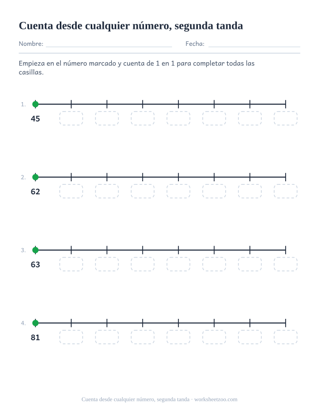 Segunda ficha para contar de 1 en 1 desde números de dos cifras