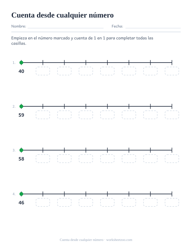 Ficha de recta numérica para contar de 1 en 1 desde un número de dos cifras