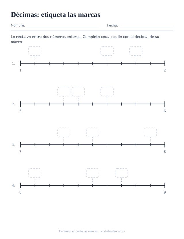 Ficha de recta numérica para escribir el valor decimal de ciertas marcas entre enteros