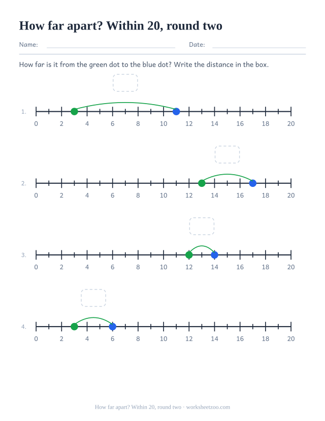 Second worksheet on distances between dots within 20
