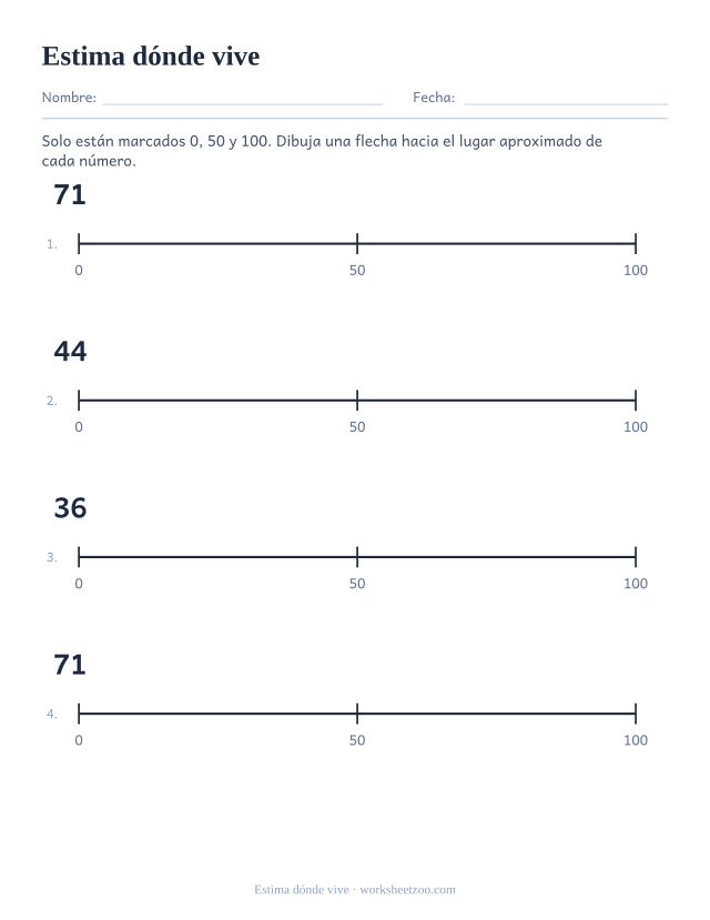 Ficha de estimación en la recta numérica con solo 0, 50 y 100 marcados
