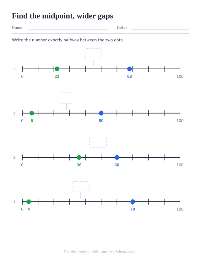 Second worksheet finding the halfway number between two dots