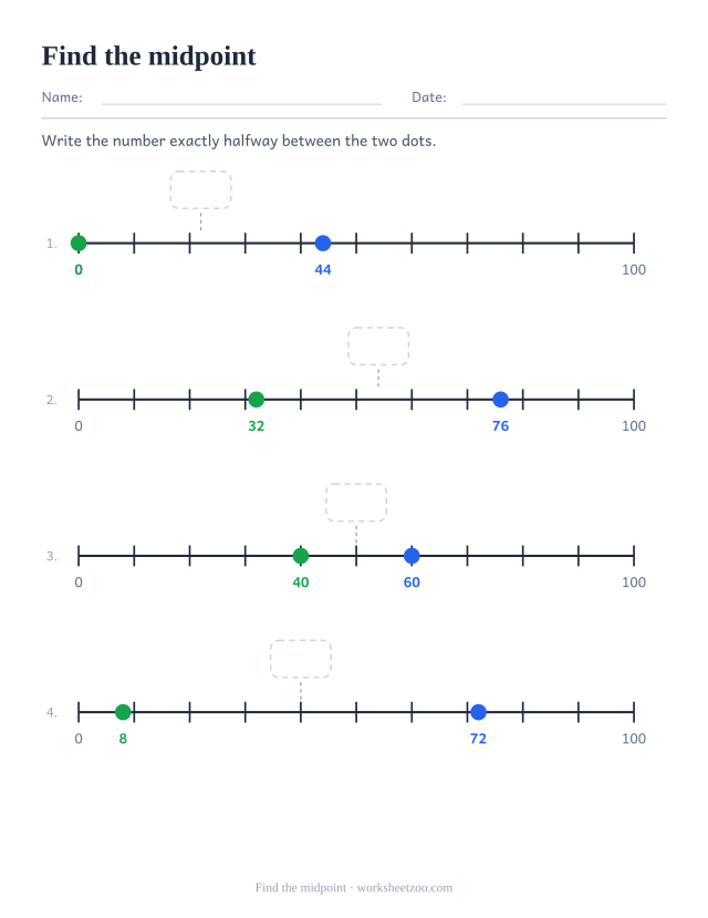 Number line worksheet finding the number halfway between two dots