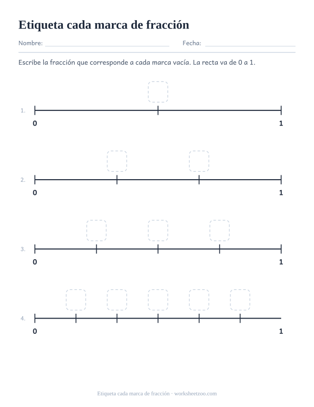 Ficha de recta numérica para escribir la fracción de cada marca entre 0 y 1