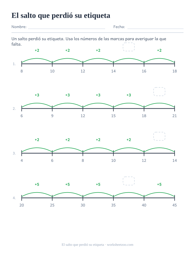Ficha de recta numérica para completar la etiqueta de salto que falta usando las marcas