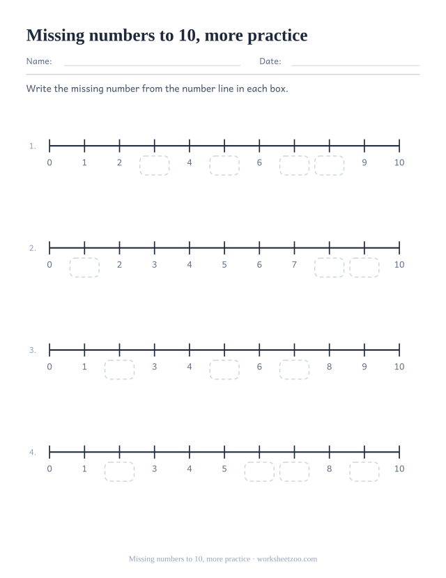 Second number line worksheet from 0 to 10 with different gaps to complete