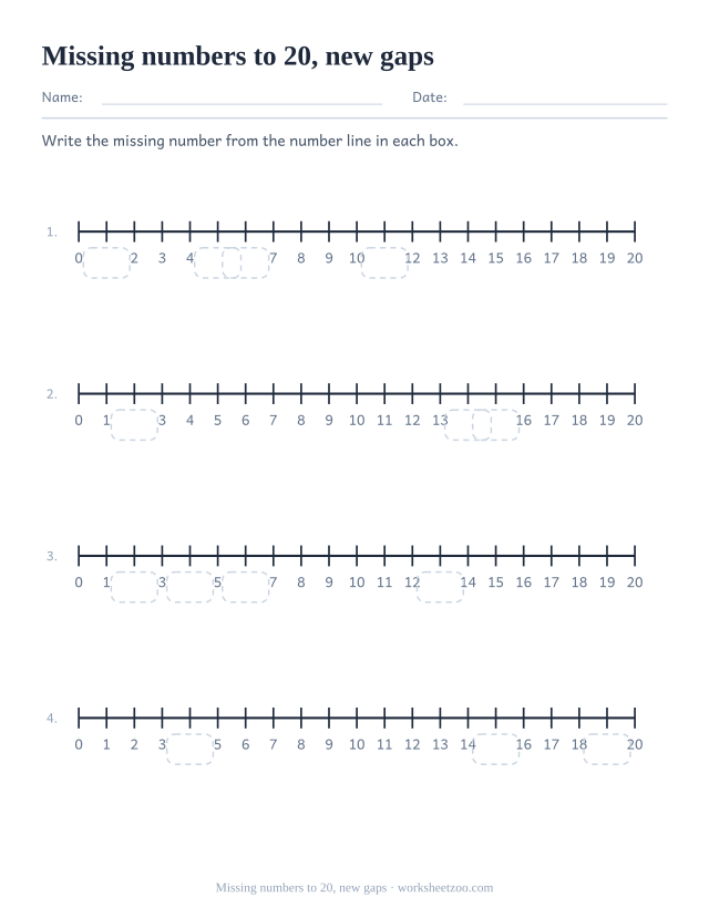 Second number line worksheet from 0 to 20 with missing numbers in new positions