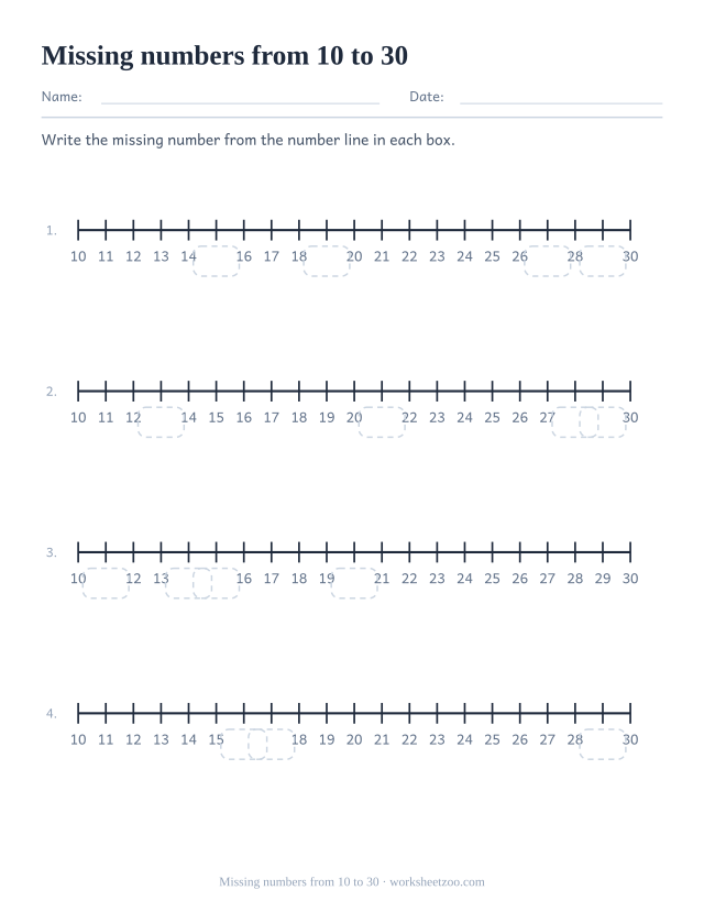 Number line worksheet from 10 to 30 that does not start at zero