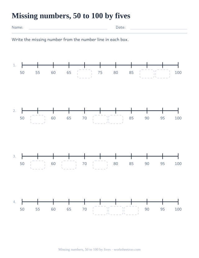 Number line worksheet from 50 to 100 in steps of five with gaps