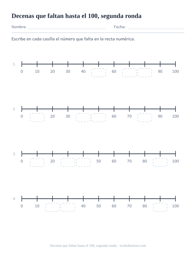 Segunda ficha de la recta de decenas hasta 100 con otros valores ocultos