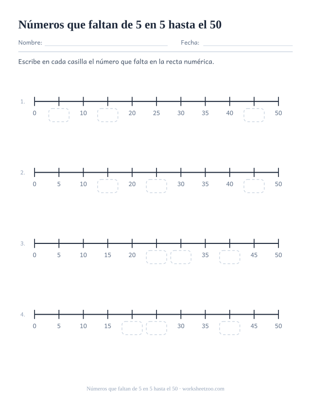 Ficha de recta numérica del 0 al 50 de 5 en 5 con huecos por rellenar
